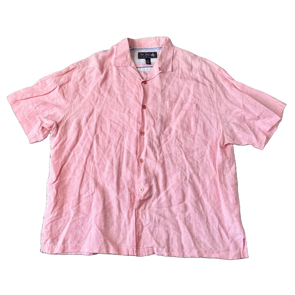Nat Nast Mens 100% Linen Camp Shirt Pink Short Sleeve Button Up Size 2XL Coastal